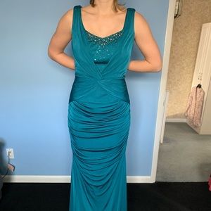Teal sequined gown with rouching